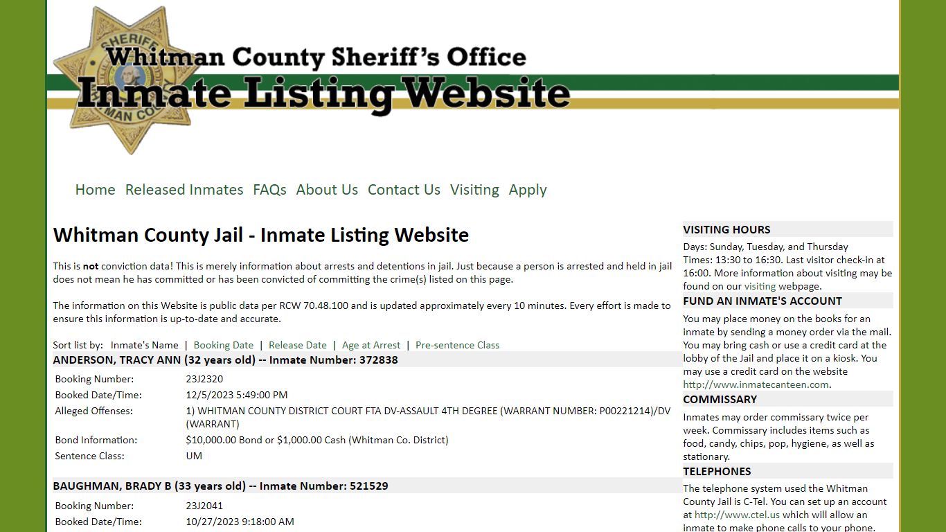 Whitman County Jail - Inmate Listing Website